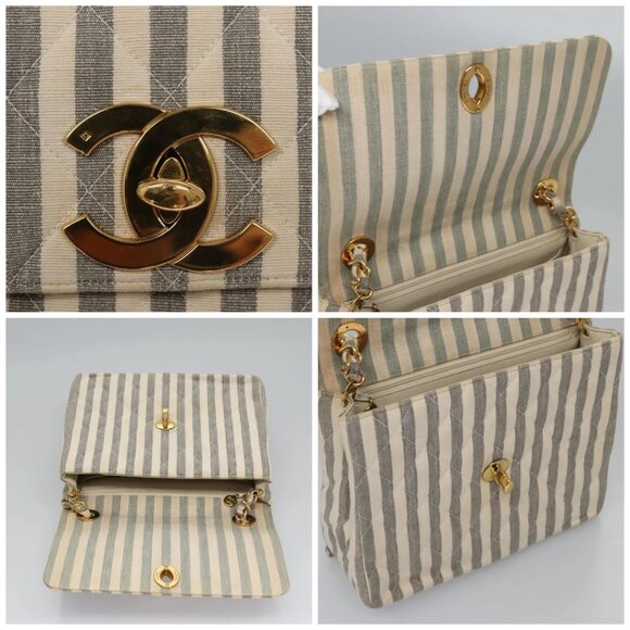 CHANEL Striped Matelasse Chain Shoulder Bag Canvas White Gray CC Auth 110304AV - Picture 15 of 16